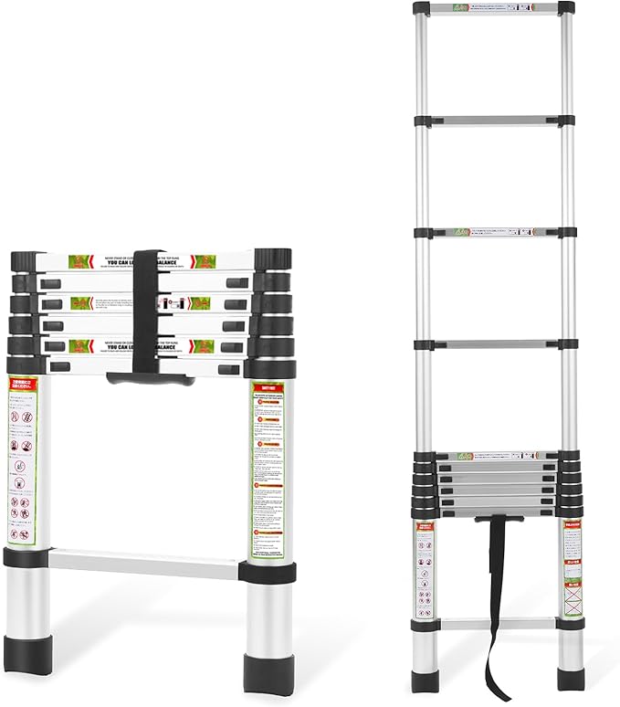 RIKADE Telescoping Ladder 6.5FT & Attic Ladder, Heavy Duty Aluminum with Non-Slip Feet, 330lb Capacity for RV, Attic, Roof & Multi-Surface Use