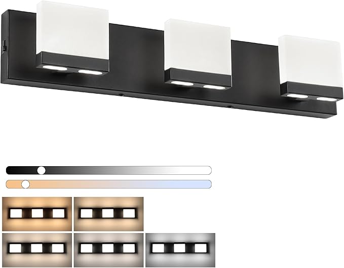 SineRise LED Modern Bathroom Vanity Light Fixtures (3-Light, 24-Inch, 5CCT), Matte Black Modern Acrylic Bathroom Wall Lighting Fixtures Over Mirror (3000K/3500K/4000K/5000K/6000K)