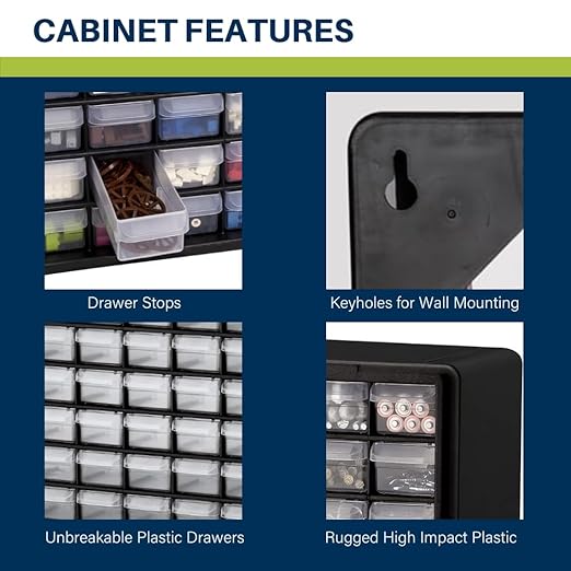 Akro-Mils 64-Drawer Plastic Drawer Storage Cabinet for Garage Organization, Bead Organizer, Building Bricks Storage, Teacher Toolbox, Makeup Organizer, 20-Inch W x 6-Inch D x 16-Inch H, 10164 Red