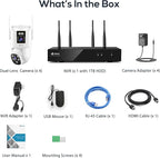 Kittyhok Dual Lens Wireless Security Camera System, 4pcs 2K Outdoor Camera with 2.4/5GHz WiFi, Pan & Tilt, Auto Tracking, Human Detection, Color Night Vision, 16CH Wi-Fi 6 NVR with 1TB HDD, KWDP164