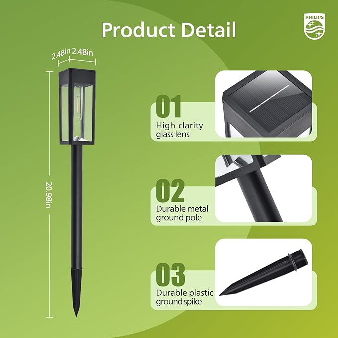 Philips 8 Packs Solar Pathway Lights Outdoor, Glass Metal Led Garden Landscape Lightings, 3000K Warm White, Waterproof for Decor Yard, Walkway, Patio, Driveway, Lawn