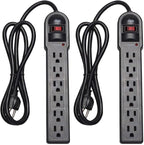 KMC 6-Outlet Surge Protector Power Strip 2-Pack, 900 Joules, 4-Foot Extension Cord, Overload Protection, Black