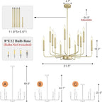 Qamra Modern Farmhouse Gold Chandelier for Dining Room, 12-Light Rustic Candle Chandelier Light Fixture, Industrial Hanging Chandeliers Lighting for Living Room, Kitchen, Staircase, Entryway, Foyer