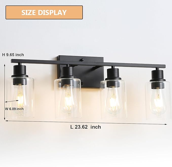 EMONG 4 Light Bathroom Vanity Light, Matte Black Bathroom Light Fixtures with Glass Shade, Modern Wall Sconces Lighting for Bathroom,Mirror,Farmhouse,Hallway