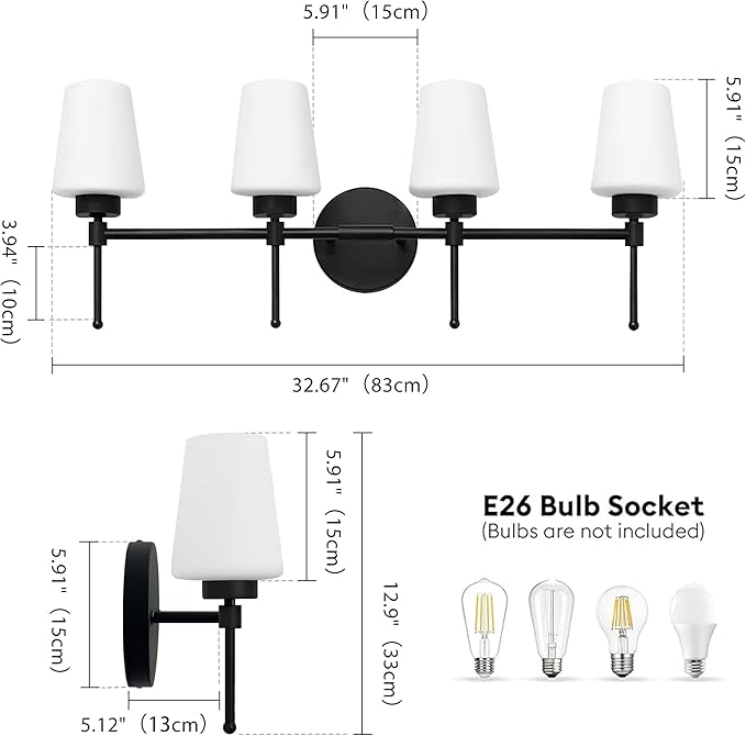 New Bathroom Vanity Light Fixtures 3 Lights Brushed Brass Glass Shade Modern Wall Bar Sconce Over Mirror (Brushed Black, 4T)