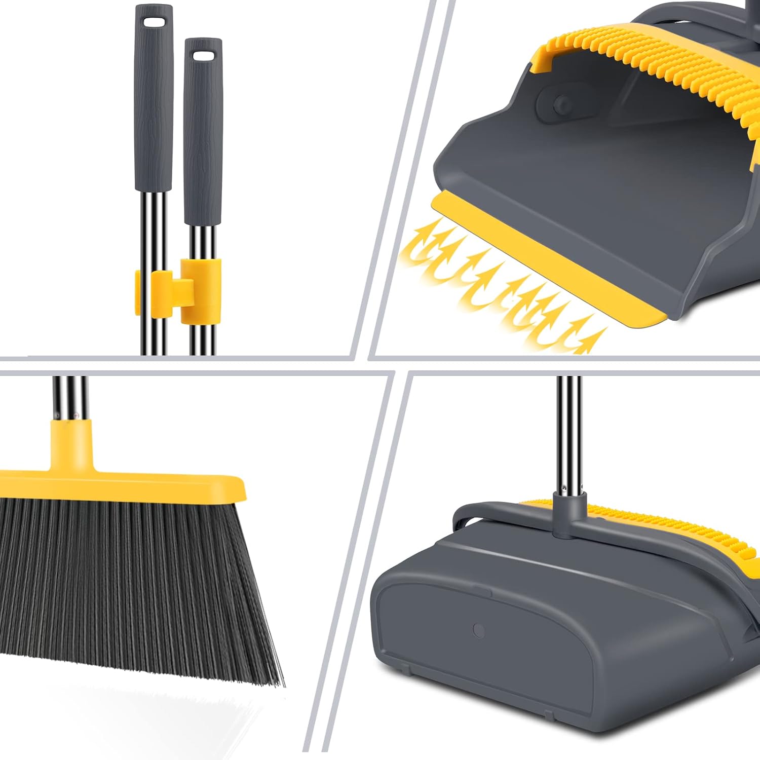 kelamayi Upgrade Broom and Dustpan Set, Broom with Dustpan Combo Set, Self-Cleaning with Dustpan Teeth, Indoor&Outdoor Sweeping, Stand Up Broom and Dustpan (Gray&Yellow)