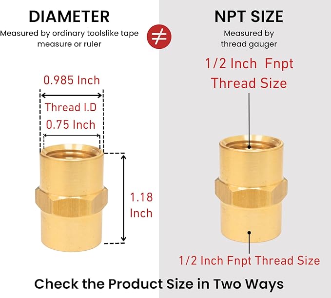 Brass Coupling 1/2 Inch NPT Female x 1/2 Inch NPT Female Hex Head Pipe Fitting, (Pack of 2), Compressor connector, fnpt to fnpt Coupler, Air Hose Adapter Brass Fittings, Thread 0.75" ID to 0.75" ID
