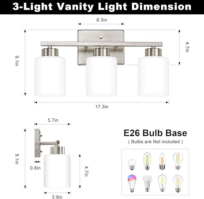 Brushed Nickel Bathroom Light Fixtures, 3-Light Modern Vanity Light Over Mirror, Wall Sconces with Milky White Frosted Glass Shades, E26 Socket (Bulbs Not Included)