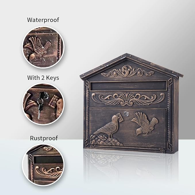 Mailbox Wall Mount,Large Capacity Locking Mailbox for Outside, Rust-Proof Aluminum Hanging Secured Postbox, Security Key Drop Box,15.35 "x 16.14 "x3.54 Retro Bird