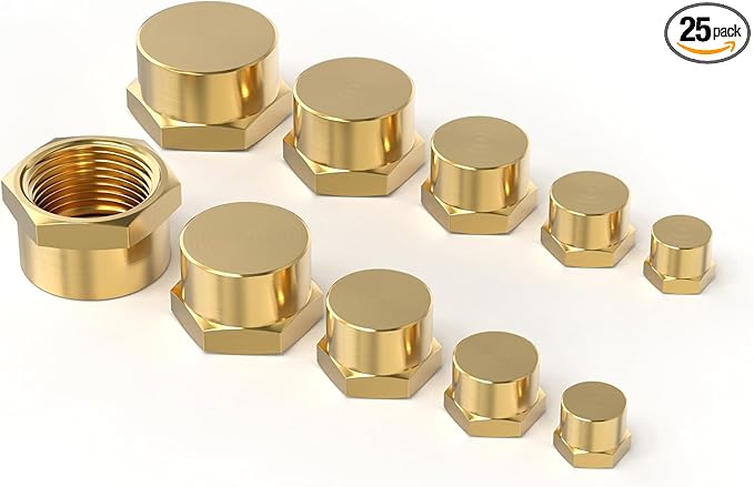 GASHER 1/8" 1/4" 3/8" 1/2" 3/4" NPT Brass Pipe Cap, NPT Female Thread Socket Pipe End Cap Plugs Fitting 25PCS