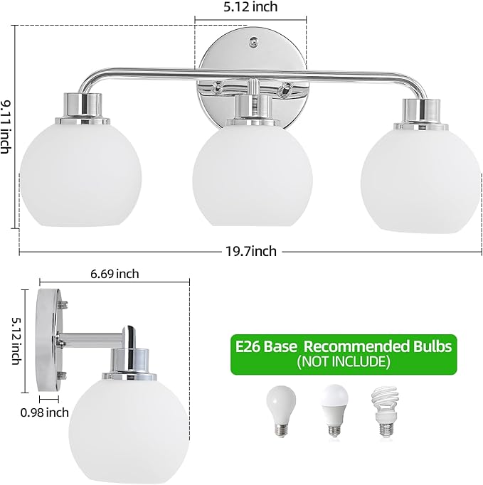 Chrome Vanity Light Bathroom Light Fixtures Over Mirror 3 Light Wall Sconces Lighting Silver Lights with Milk Globe Glass Shades Bath Wall Lamp for Mirror Kitchen Living Room Bedroom Hallway