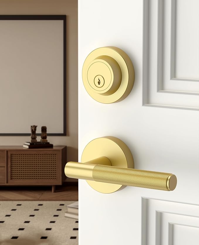 Asidrama Premium Brushed Gold Zinc-Alloy Front Door Lock Set: Double Cylinder Deadbolt, Heavy Duty Security Handleset for Left/Right Exterior Doors, Universal Entry Locks (2 Pack)