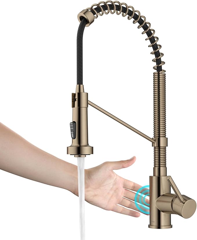 KRAUS Bolden Touchless Sensor Commercial Style 2-Function Single Handle Pull Down Kitchen Faucet in Spot-Free Antique Champagne Bronze, KSF-1610SFACB