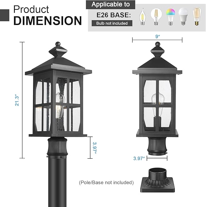 Darkaway Outdoor Post Lights, 21.3inch Large Exterior Post Lantern Lamp Waterproof Aluminum Housing Lamp with Seeded Glass, Fence Pole Deck Lighting for Garden Patio Pathway Driveway
