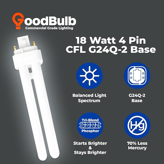 GoodBulb 18 Watt CFL Light Bulbs 4 Pin G24Q-2 Base 5000K Daylight 18W High Output 1200 Lumens Double Tube Compact Fluorescent Light Bulbs Plug-in 10 Pack
