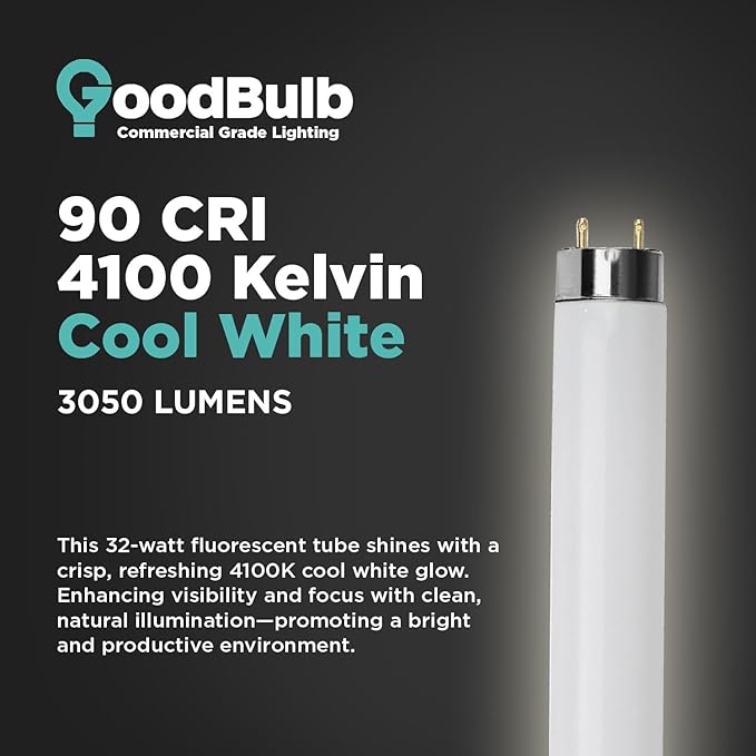 GoodBulb 25 Pack F32T8/841/ECO 32W 48 Inch T8 Fluorescent Light Bulb 4100K Cool White Light Color, Medium Bi-Pin Base 3050 Lumens 86 CRI 24000 Life Hours Instant/Programmed Start