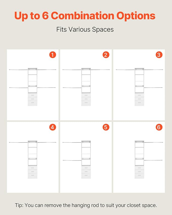 VEVOR Closet System with 3 Drawers, Adjustable Height Wooden Closet Organizers, Modern Walk-in Wardrobe Organization with 4 Retractable Clothes Hanger Rods, Freestanding Garment Rack Storage, White
