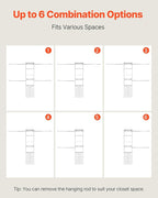 VEVOR Closet System with 3 Drawers, Adjustable Height Wooden Closet Organizers, Modern Walk-in Wardrobe Organization with 4 Retractable Clothes Hanger Rods, Freestanding Garment Rack Storage, White