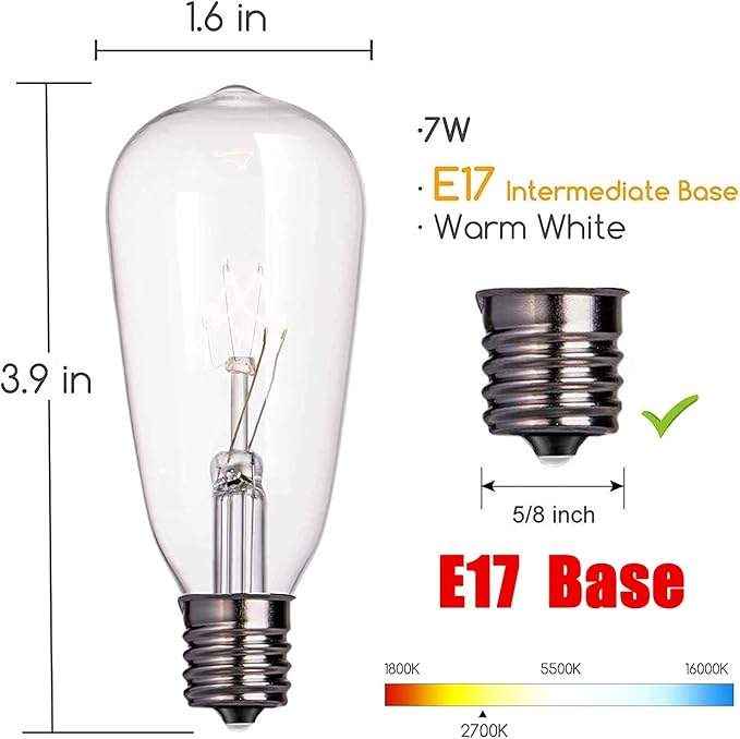 10 Pack Replacement Bulbs for Outdoor String Lights, ST40 Clear Edison Light Bulbs with 7W E17 Intermediate Screw Base Vintage Light Bulbs for Indoor Outdoor Christmas Patio Backyard Decor, Warm White