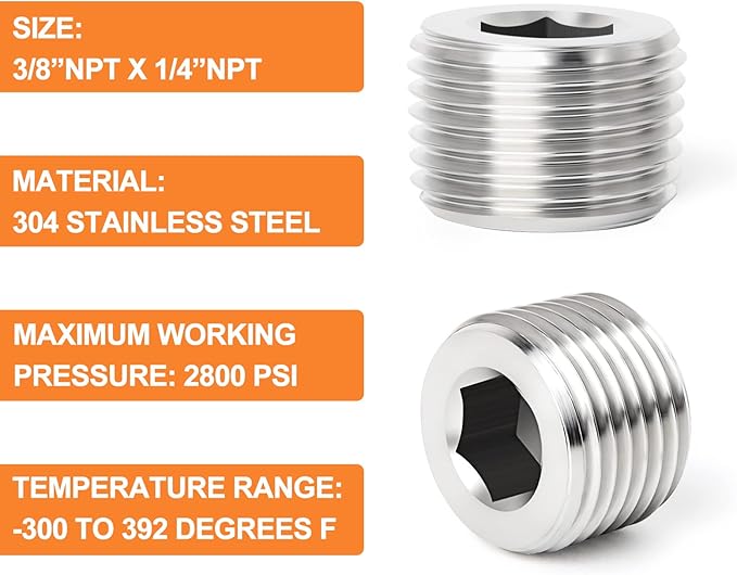 GASHER 20Pcs Stainless Steel Internal Hex Thread Socket Pipe Plug Fitting 1/8" 1/4" 3/8" 1/2" NPT Male