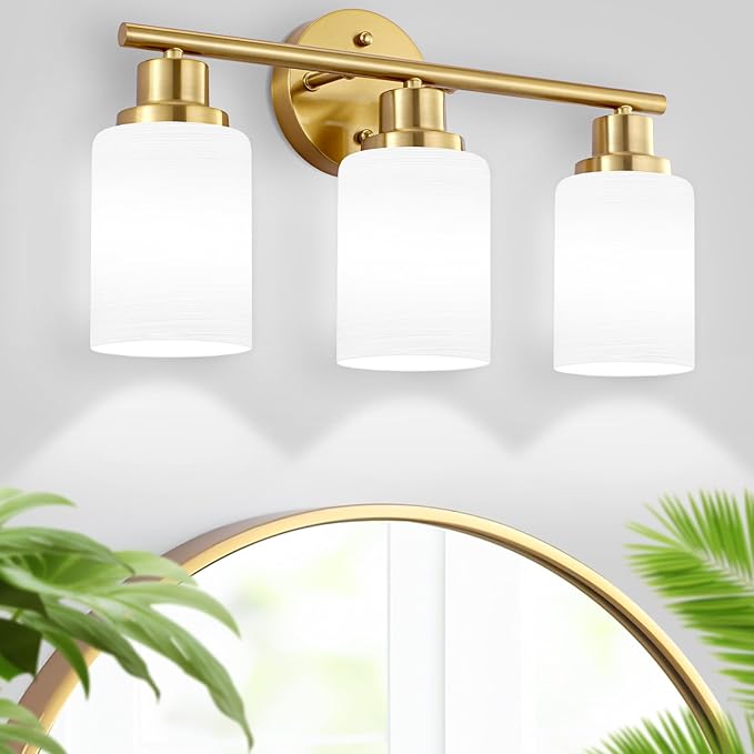 3-Light Bathroom Light Fixtures, Vanity Lights for Mirror with Textured Milky White Glass Shade, Modern Kitchen Light Fixtures Wall Sconce Light - E26 Base - Brushed Gold