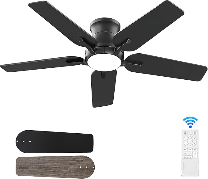 42 Inch Black Ceiling Fans with Lights and Remote, Flush Mount Low Profile Ceiling Fan for Bedroom, Living Room, Patio, Dimmable 6 Speeds Noiseless Reversible, ETL Listed