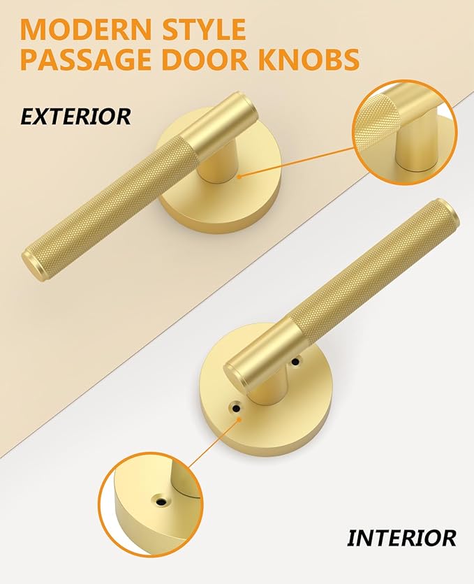 Asidrama 4 Pack Passage Gold Door Handles, Door Lever with Door Knobs Indoor for Bedroom or Bathroom, Heavy Duty Brushed Gold Door Handles Interior with Locks for Left Right Sided Doors