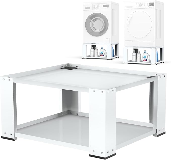 SKM Universal Washer and Dryer Pedestal Stand for 27" & 28" Machines | Heavy-Duty Steel, 700LB Capacity | 15.7" Height, Anti-Slip Design, White