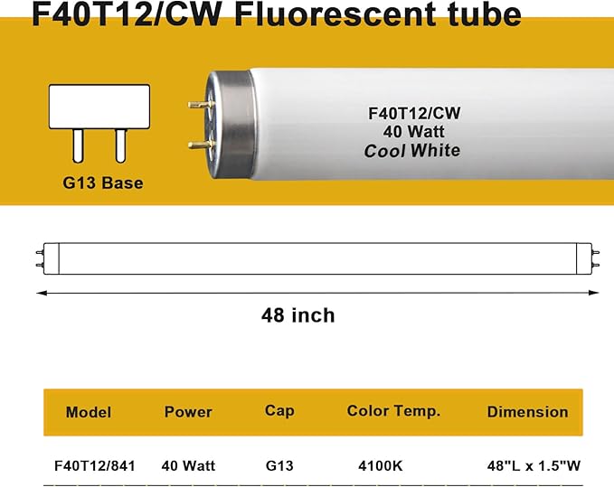 F40T12 48 inch luorescent Bulbs,T12 4 Foot Linear Fluorescent Tube,40 watts,2600 lumens,4100K Cool White,Replacement Tubes for Sylvania 21371 F40CWX,Philips 423129 F40T12/CW(6 Pack)