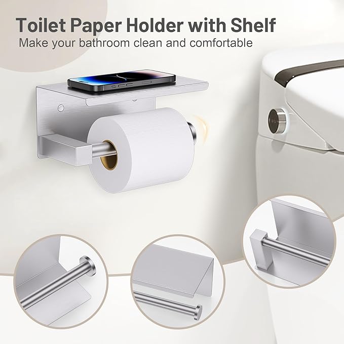 5-Piece Brushed Nickel Bathroom Hardware Set, SUS304 Stainless Steel Bathroom Accessories Set 23.6 inches Towel Bar, Toilet Paper Holder with Shelf, Towel Ring and Two Towel Hooks Wall-Mounted