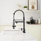 Fapully Commercial Pull Down Kitchen Sink Faucet with Sprayer Matte Black Single Handle Faucets for Kitchen Sink, Kitchen Faucet with Soap Dispenser and Deck Plack for 4 Hole