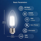 FLSNT 5000K Daylight Dimmable LED Candelabra Bulbs, 60W Equivalent, B11 E26 Base LED Chandelier Light Bulbs, 550LM, 12 Pack UL,CA65 List.