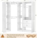 Corner Closet System with 2 Sets, 63.2" Corner Closet Organizer System with 2 Drawers + 18 Shelves + 3 Hanging Rods, Reversible L Shaped Walk-in Closets, White (63.2" L x 39.2" W x 80" H)