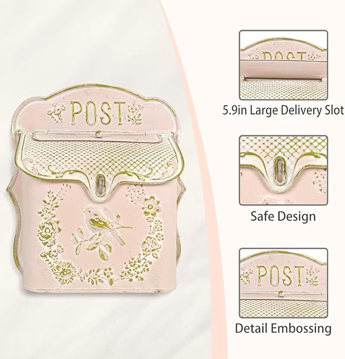 Mailbox Wall Mount Mailboxes for Outside Vintage Mail Boxes for House Outside Metal Drop Box Antique Style Nostalgic Charm Home Decorative, Bird Pattern, Pink