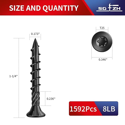 #8 x 1-1/4" Deck Screws (1592Pcs) 8lb. Carbon Steel, Black, Flat Head, Rust Resistant epoxy Coated, with T25 Star Bit