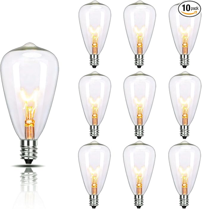 10-Pack Edison Replacement Light Bulbs, 7-Watt E12/C7 Incandescent ST38 Replacement Clear Glass Light Bulbs for Outdoor Patio String Lights, Vintage Light String