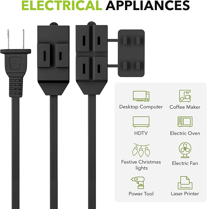 HBN Extension Cord, 3-Pack 3FT Black, 2 Prong Indoor Extension Cord 16/2 SPT-2, 13A, 1625 W, 3-Outlet Extension Cords for Home/Office Use