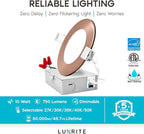 LUXRITE 4 Inch Ultra Thin LED Recessed Light with J-Box, 10W, 5 Color Options 2700K | 3000K | 3500K | 4000K | 5000K, Dimmable Wafer Lights, 750 Lumens, Copper Trim, Energy Star, IC Rated