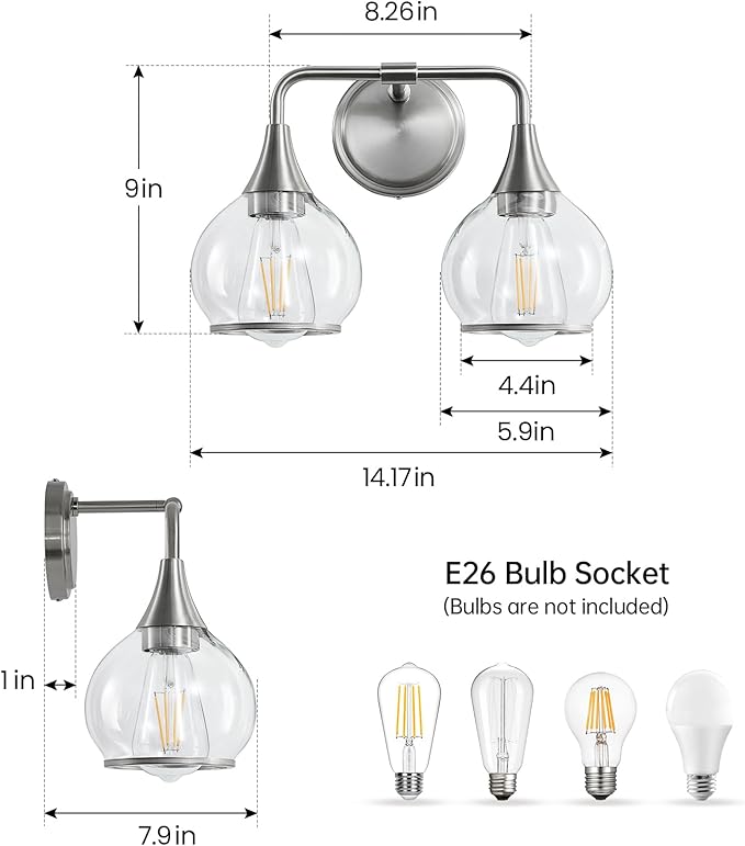 Brushed Nickel Bathroom Vanity Light 2 Lights Bathroom Light Fixtures Over Mirror with Clear Glass Shade 14 inch Wall Sconce Lighting Bath(Exclude E26 Bulb)