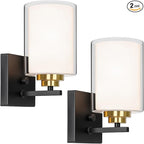 Set of 2 Wall Sconces for Bathroom, Modern Vanity Light Fixtures, Black & Gold Wall Mount Lighting Lanterns, Farmhouse Wall Lights with Double Clear Glass Shade for Bedroom Living Room Mirror Hallway