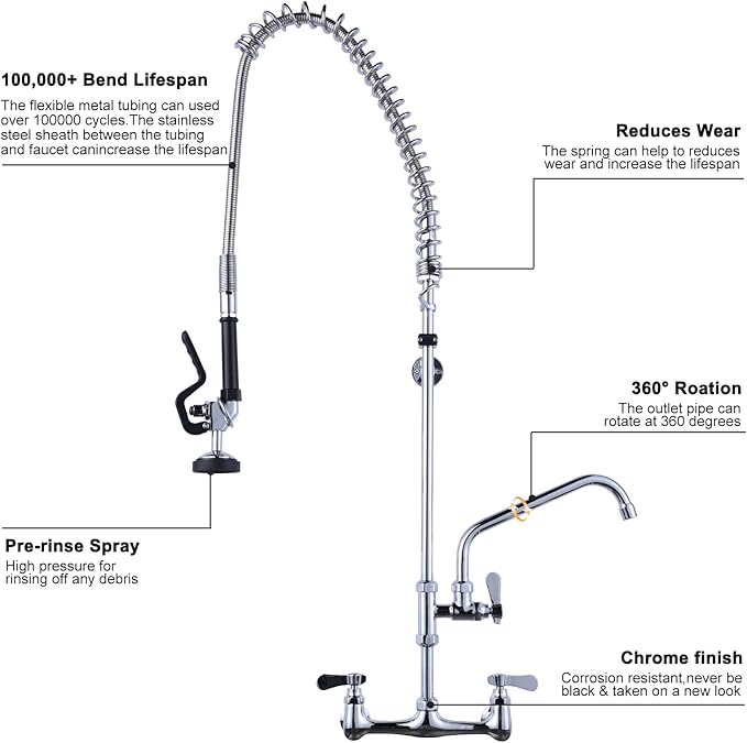 43" Height Commercial Kitchen Sink Faucet with Pre-Rinse Sprayer, 8 Inch Wall Mount Center Sink Faucet with Pull Down Spray Unit, Compartment Sink Faucet with 10" Swivel Spout for Restaurant