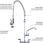 43" Height Commercial Kitchen Sink Faucet with Pre-Rinse Sprayer, 8 Inch Wall Mount Center Sink Faucet with Pull Down Spray Unit, Compartment Sink Faucet with 10" Swivel Spout for Restaurant