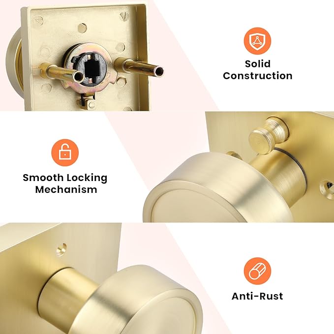 Haidms Gold Door Knobs Interior, Zinc-Alloy Heavy Duty Round Brushed Gold Privacy Door Knobs for Bedroom Modern Bathroom Interior Door Lock Bulk(3 Pack)