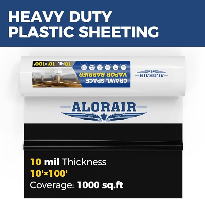ALORAIR 10 mil Vapor Barrier for Crawl Space – 10' x 100' Heavy-Duty Plastic Sheeting – Black/White Panda Film – Crawlspace Encapsulation, Ground Cover, Drop Cloth – Commercial & Residential Use