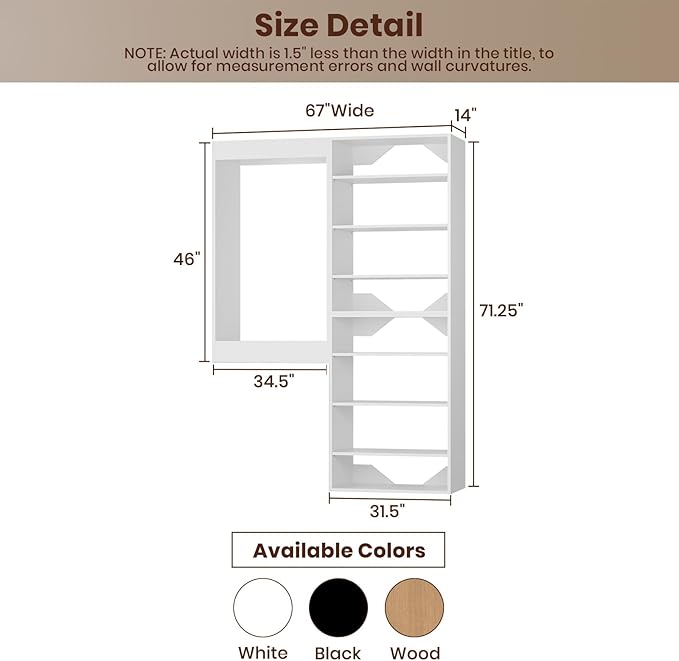 ROOMTEC Modular Closet System, 67" Wall-Mounted Closet Organizer with Hanging Rods and Shelves, Wooden Tower for Walk-In Closets, Wardrobe Storage Kit, White