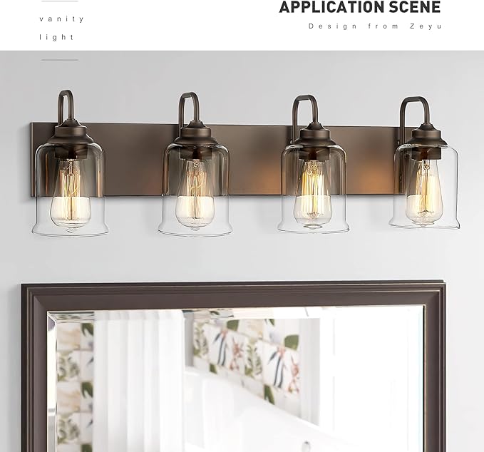 zeyu 28.5" Oil Rubbed Bronze Bathroom Light Fixtures, 4-Light Farmhouse Vanity Wall Lights with Clear Glass Shade, ZSL72B-4W ORB