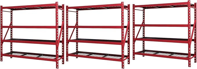 Heavy Duty Member Mark 4-Shelf Industrial Storage Rack, 77" W x 24" D x 72" H (Red, 3 Pack)