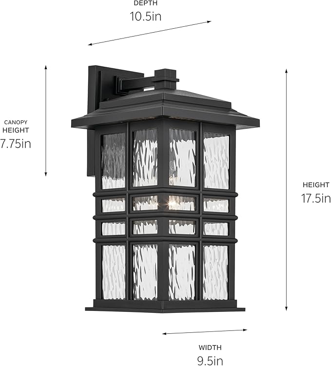 KICHLER Beacon Square 17.25" 1-Light Outdoor Wall Light with Clear Hammered Glass in Textured Black, for Exterior Doors, Garage, Porch, or Patio (17.25" x 9.5"), 49831BKT