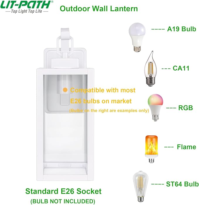 LIT-PaTH Outdoor Wall Lantern, Wall Sconce as Porch Lighting Fixture, E26 Medium Base Max 60W, Anti-Rust Metal with Glass Shade, White, 2-Pack