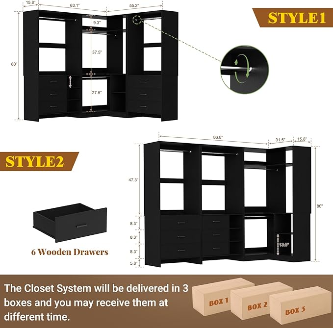 Aheaplus Closet System with 6 Drawers, 4 Hanging Rods & Corner Tower, Corner Closet System with Hanging, 86.8" L-Shaped Walk-In Wardrobe Organizer, 2000+ lbs Capacity, Set of 3, Black